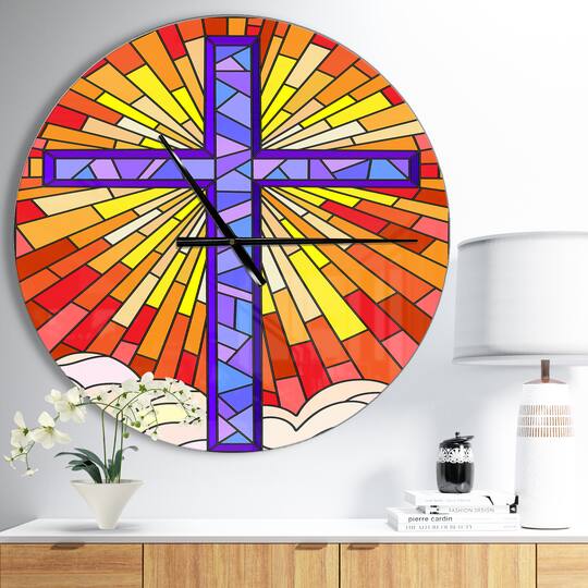 Designart 'Holy Cross Stained Glass Style Rustic Wall Clock
